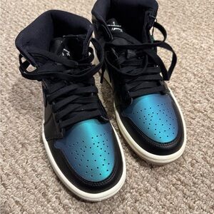 Jordan 1 Mid Black and Iridescent Blue Sneakers NWOB